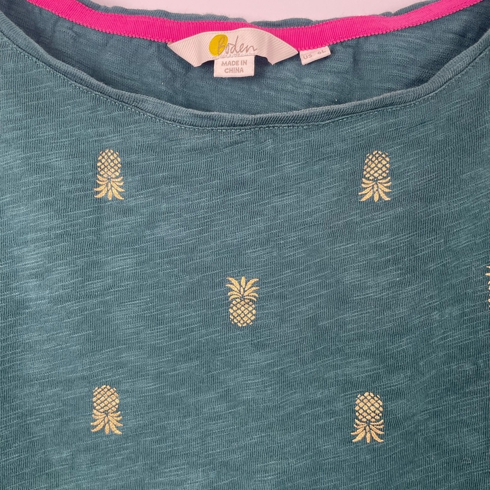 Boden Green Gold Pineapple Print T-shirt Dress 100% Cotton Size 6L - Picture 3 of 7